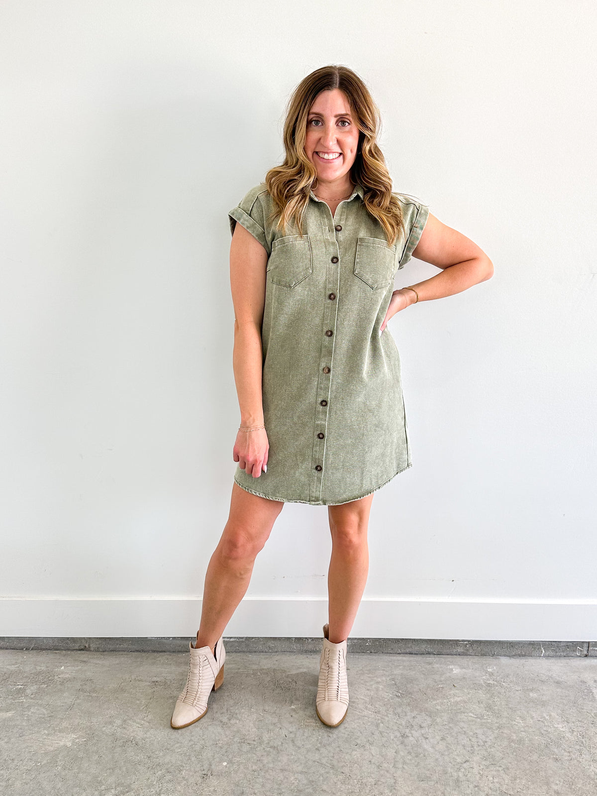 Washed Olive Denim Shirt Dress