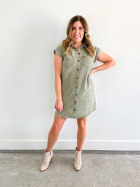 Washed Olive Denim Shirt Dress