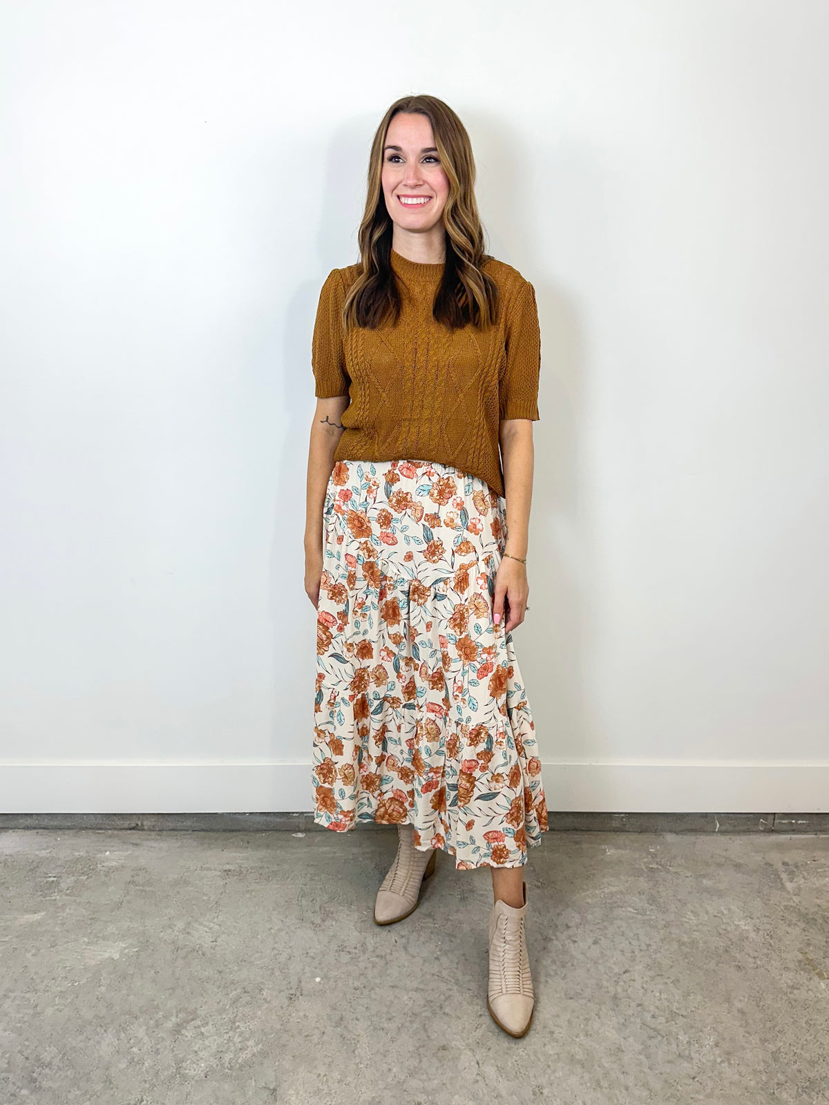 Rust Floral Tiered Maxi Skirt