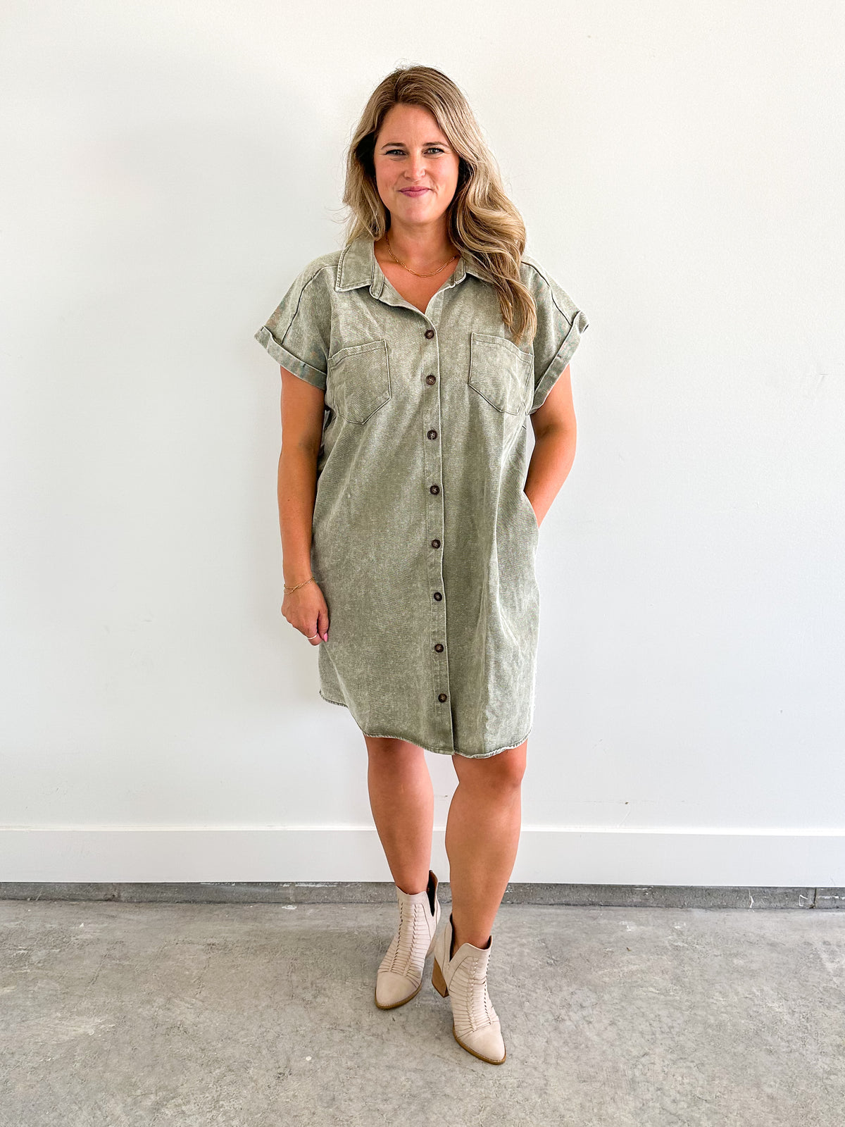 Washed Olive Denim Shirt Dress