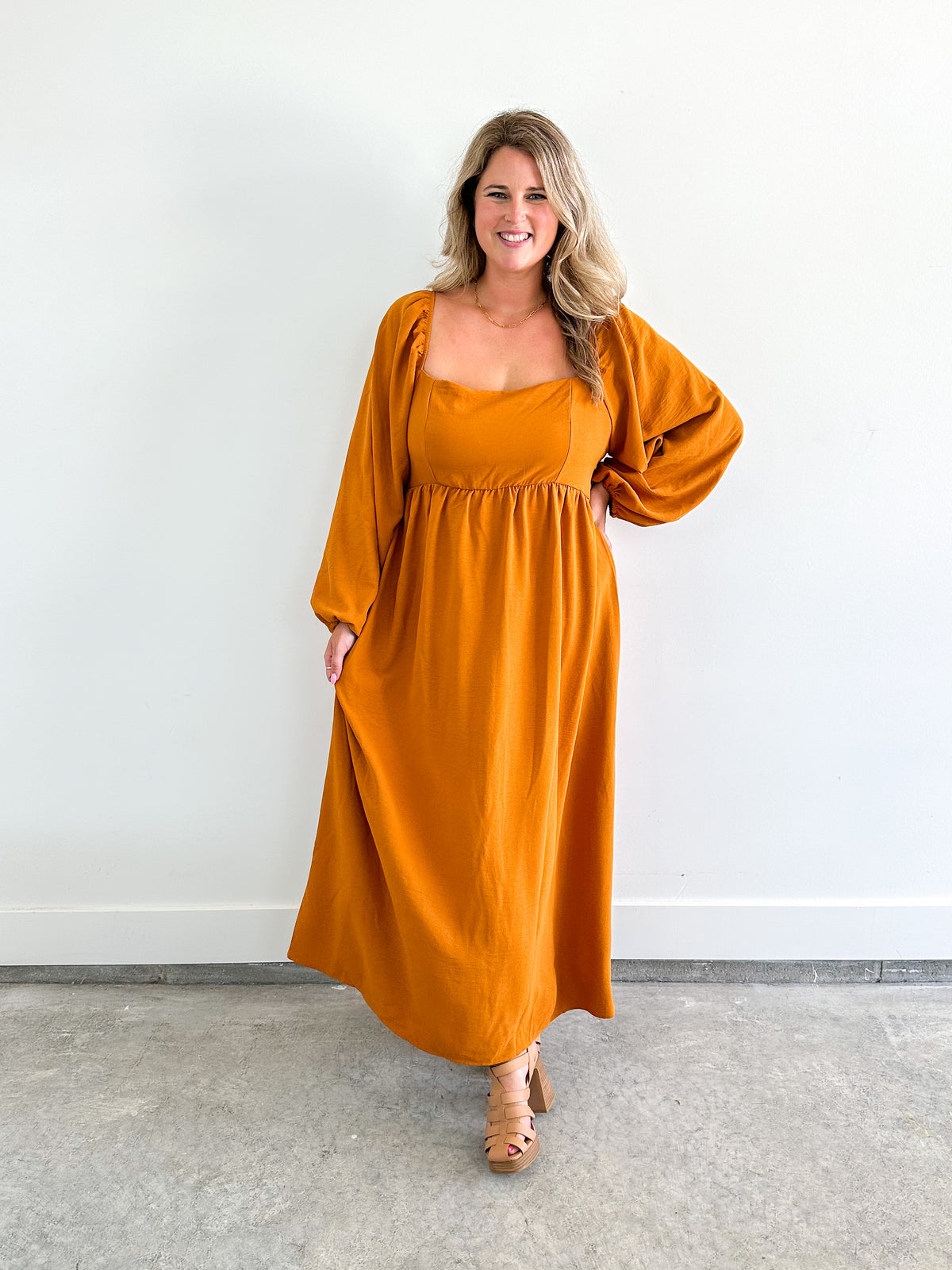 Pumpkin Puff Sleeve Maxi Dress