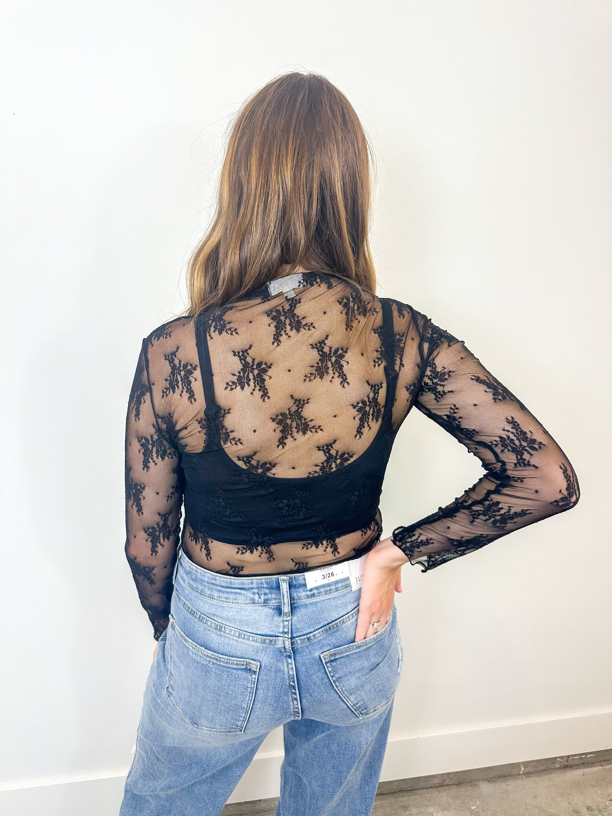 Black Sheer Lace Long Sleeve Top