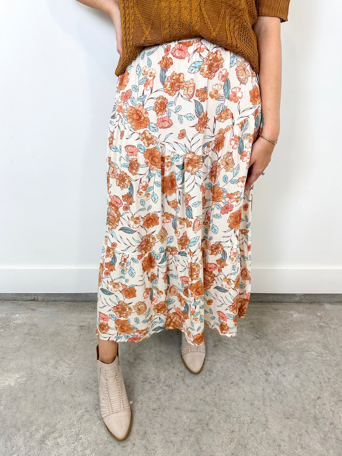 Rust Floral Tiered Maxi Skirt