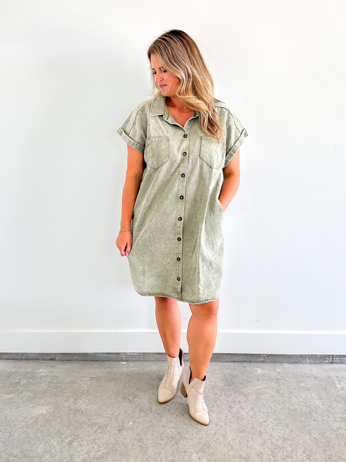 Washed Olive Denim Shirt Dress