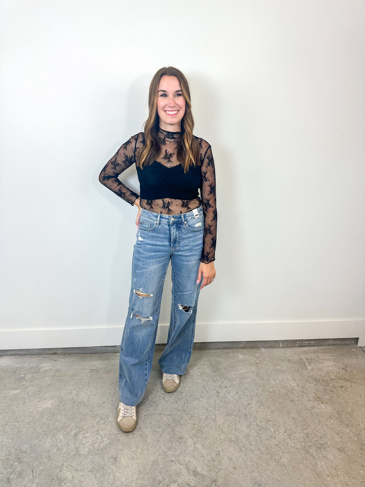 Black Sheer Lace Long Sleeve Top