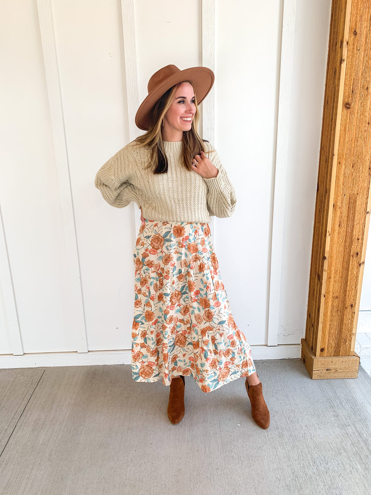 Rust Floral Tiered Maxi Skirt