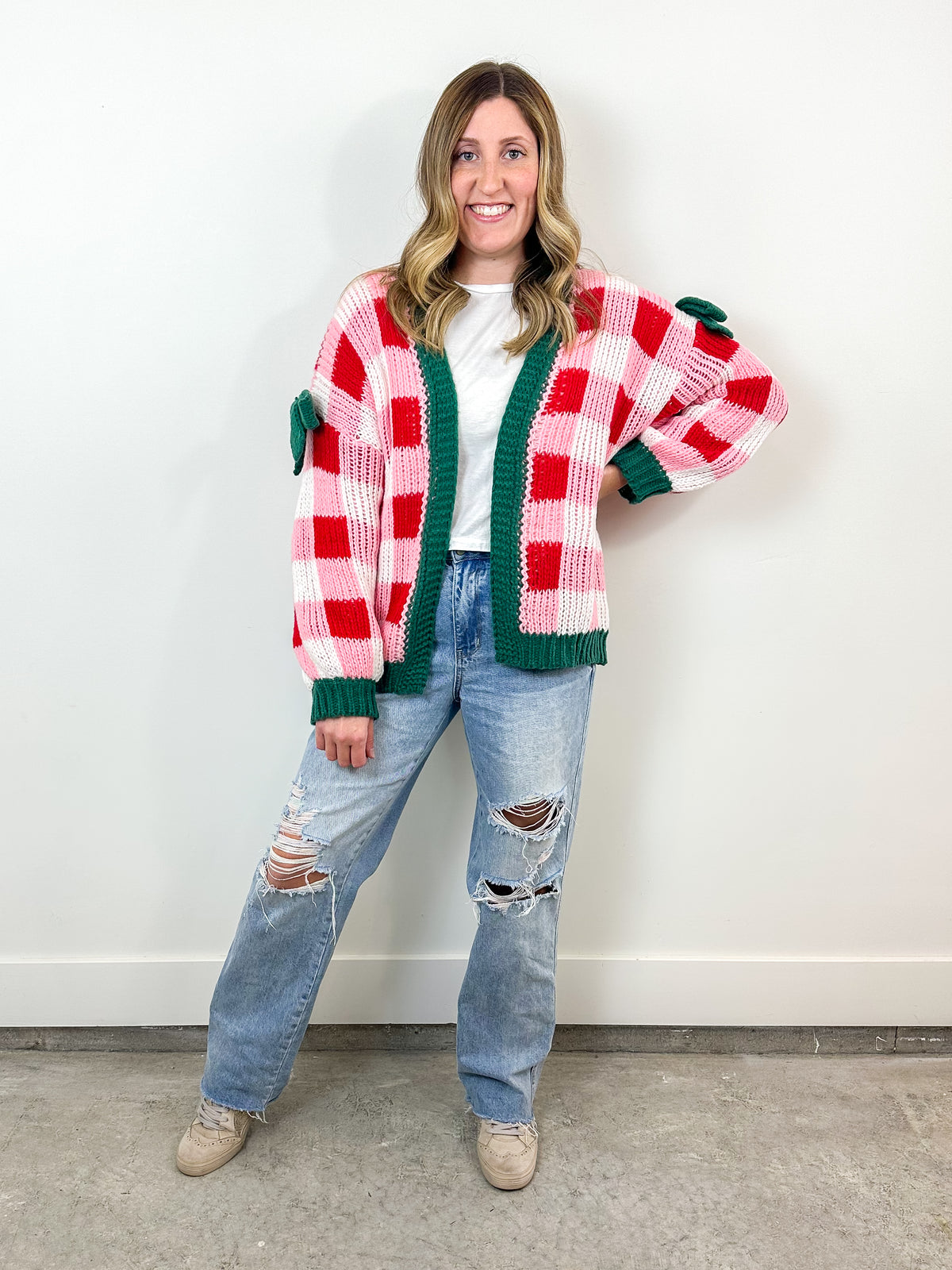 Holiday Checkerboard Bow Cardigan