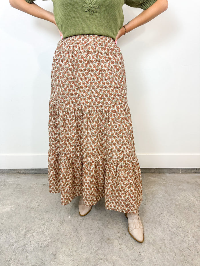 Terra Cotta Floral Tiered Maxi Skirt