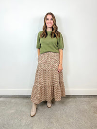 Olive Green Puff Sleeve Sweater with Floral Embroidery