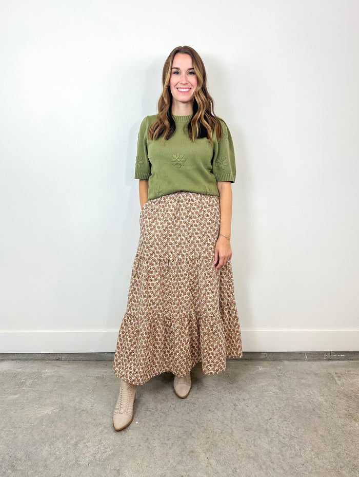 Olive Green Puff Sleeve Sweater with Floral Embroidery