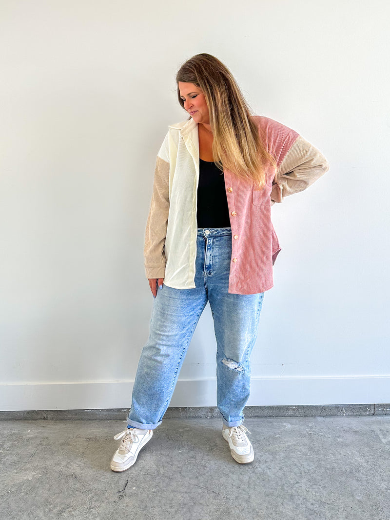 Pink Colorblock Corduroy Shacket