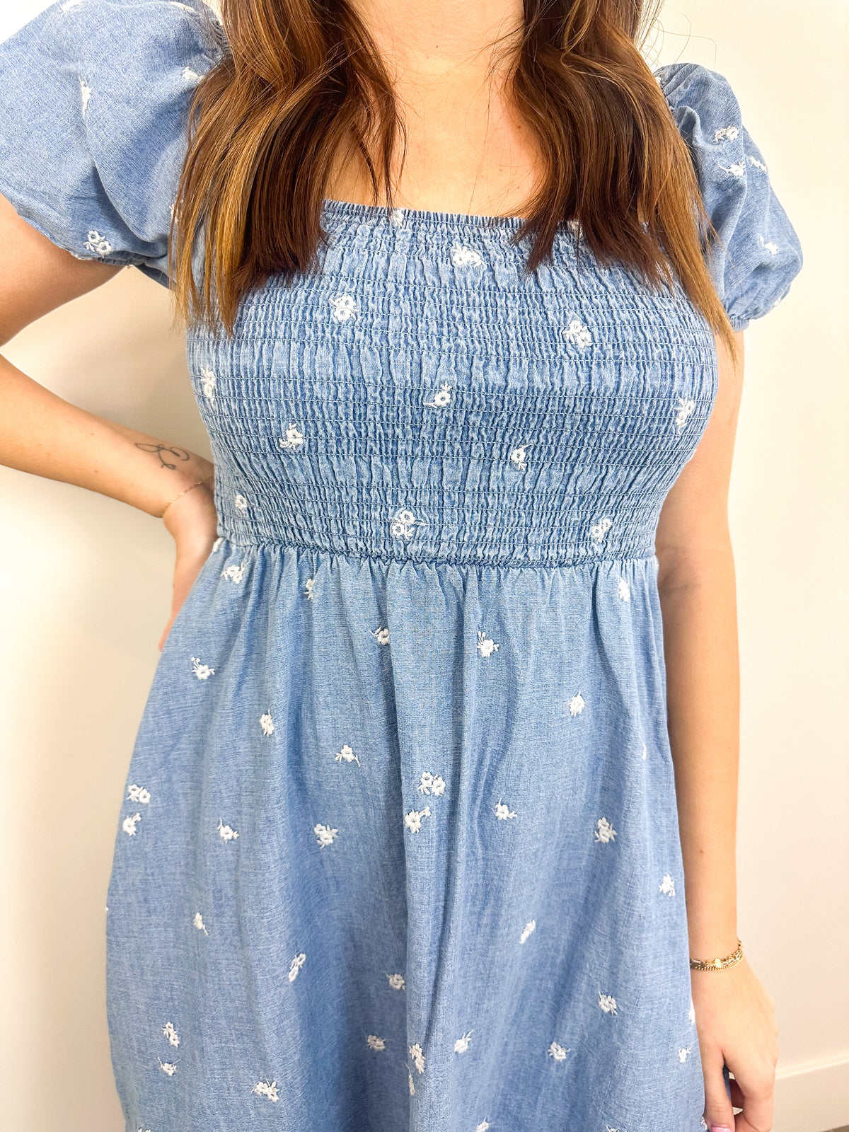 Blue Floral Smocked Midi Dress