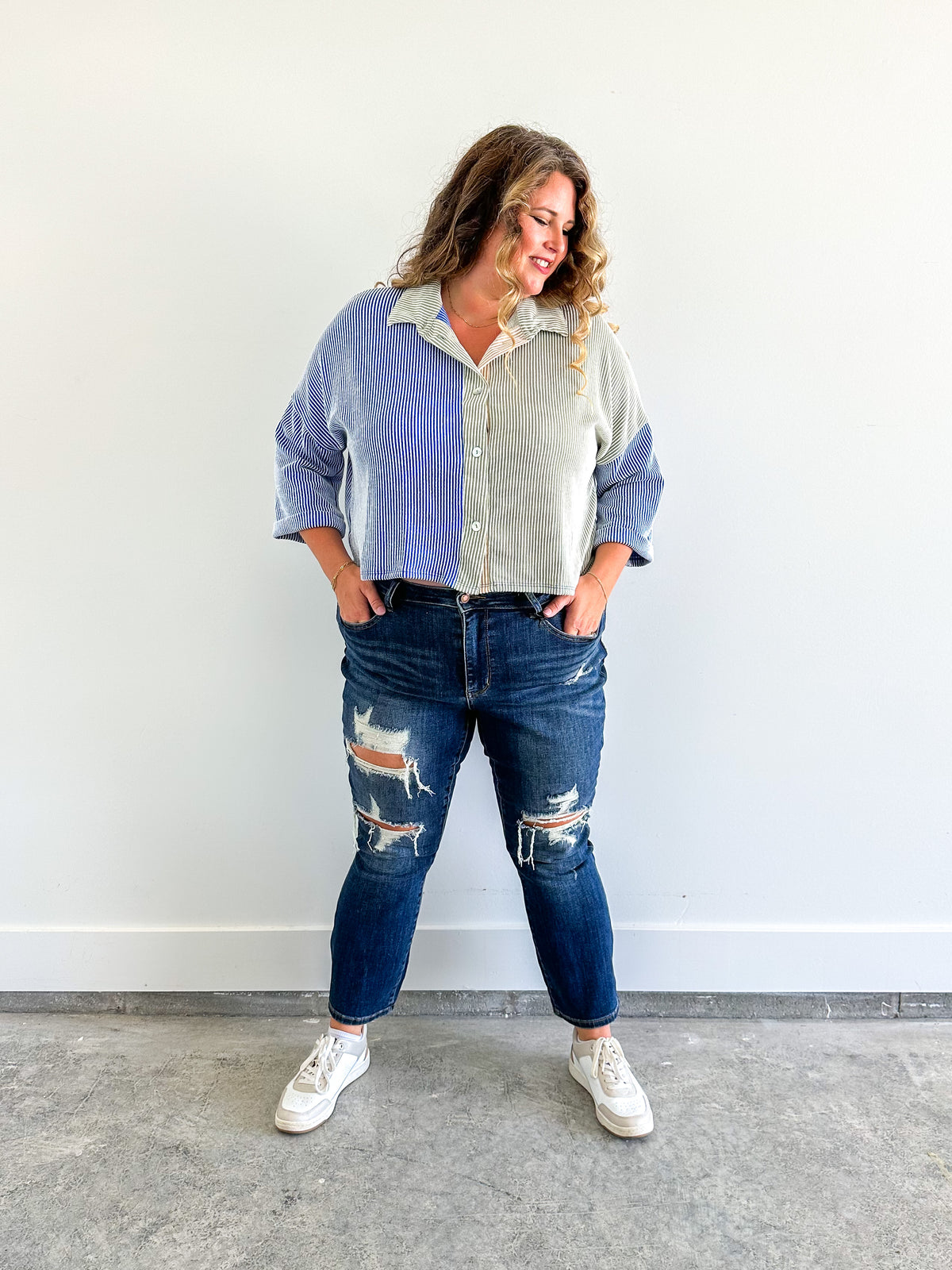 Two Tone Button Up Cropped Top