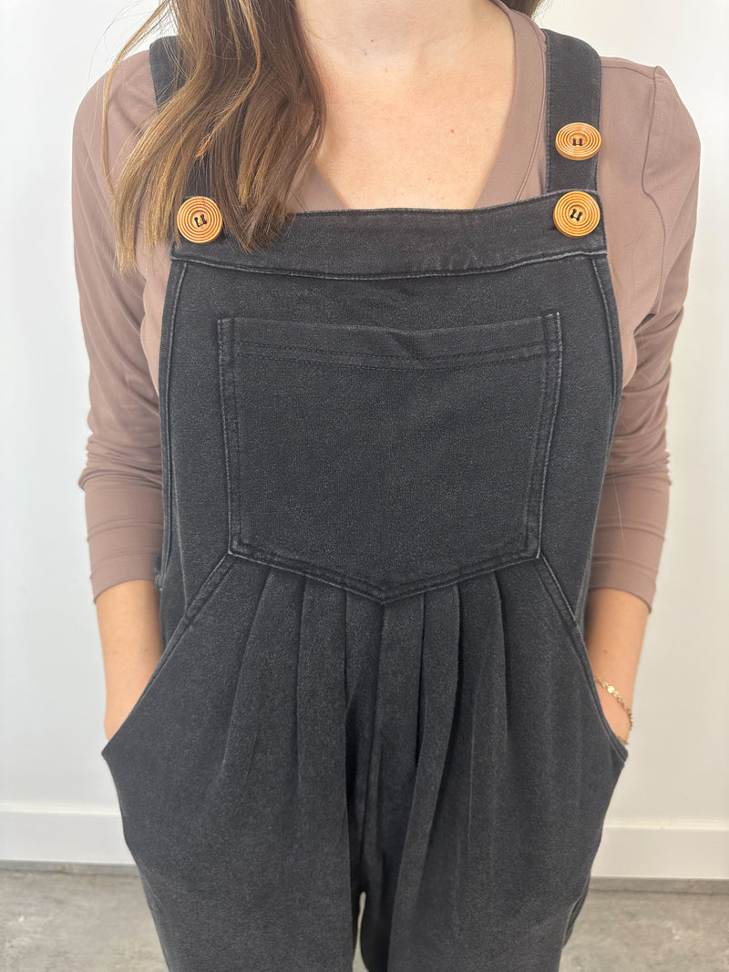 Black Pleated Button Strap Jumpsuit