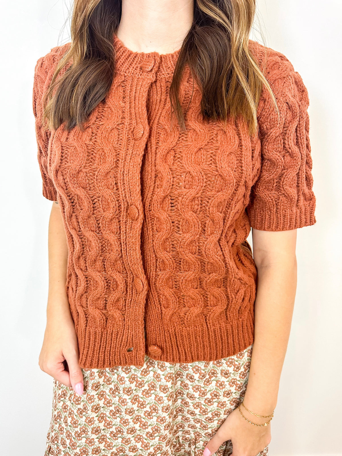 Rust Cable Knit Short Sleeve Cardigan