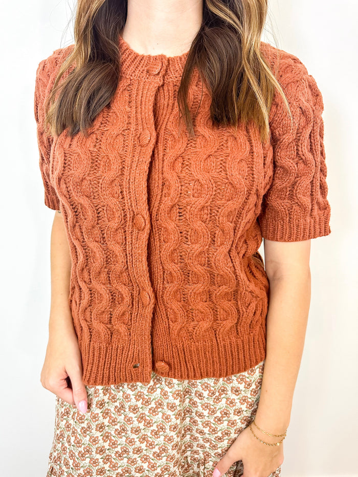 Rust Cable Knit Short Sleeve Cardigan