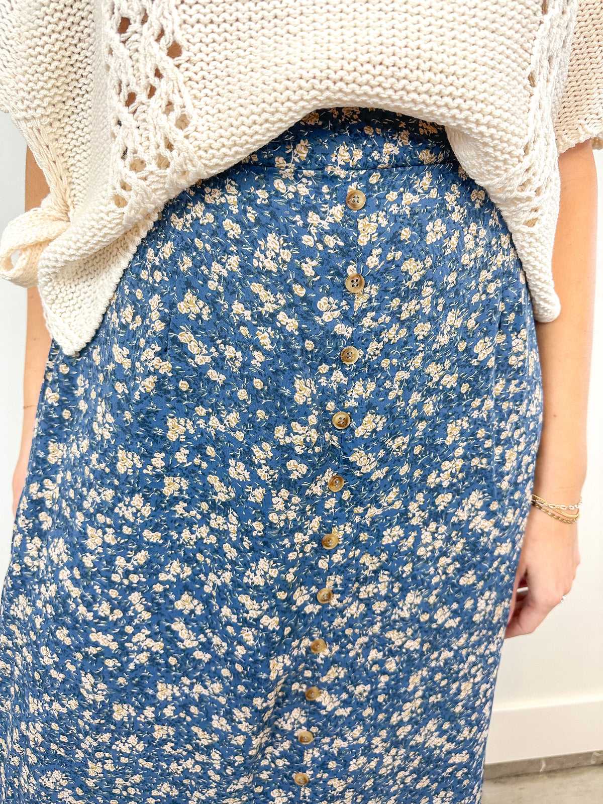 Blue Floral Button-Front Maxi Skirt