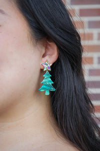 Star Christmas Tree Earrings - Green Shimmer