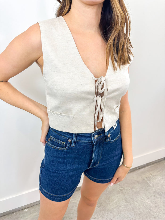 Tie-Front Cropped Linen Vest