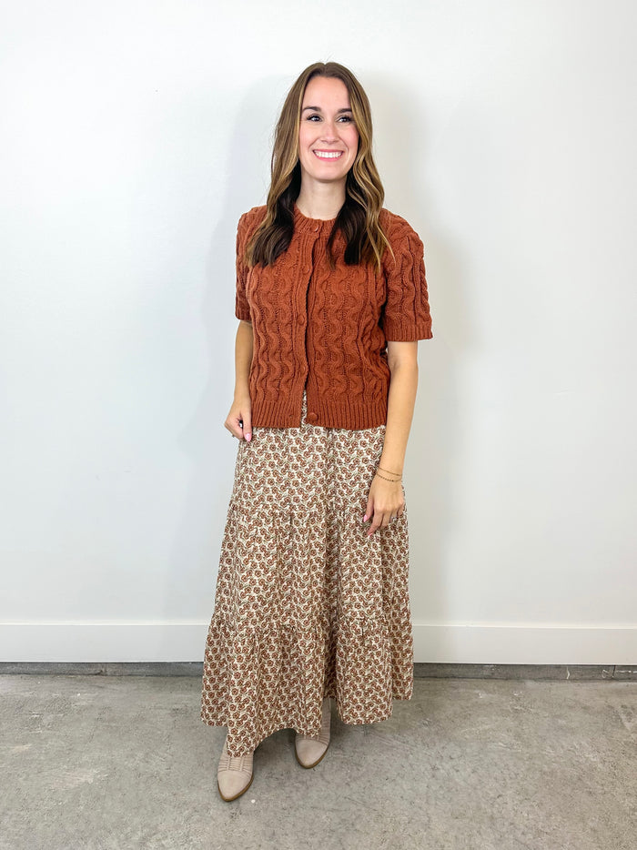 Rust Cable Knit Short Sleeve Cardigan