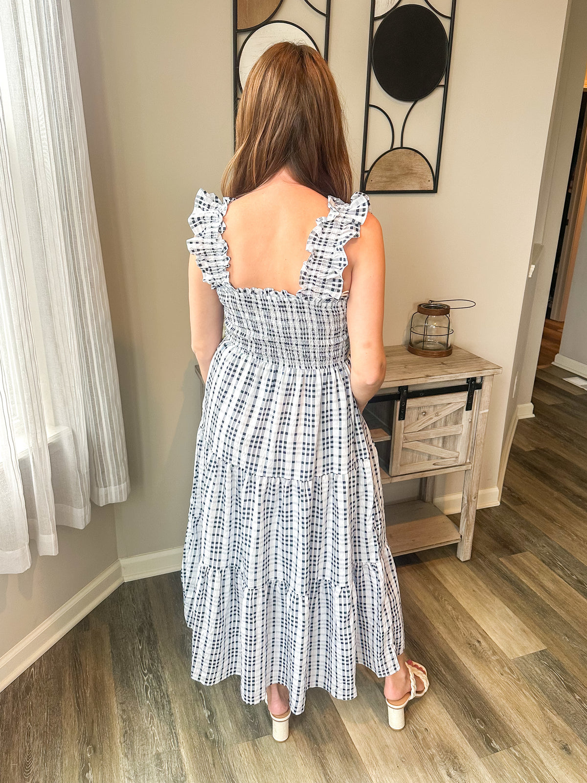 Blue Check Smocked Midi Dress