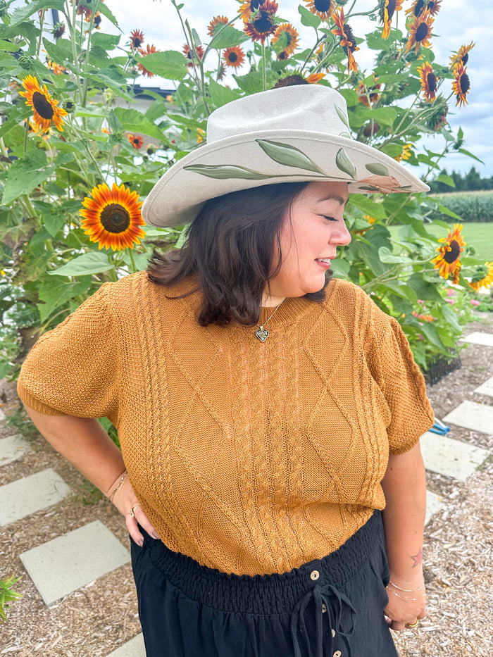 Camel Short Sleeve Cable Knit Sweater