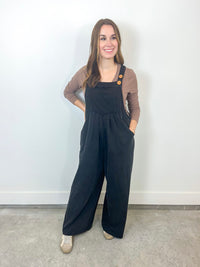 Black Pleated Button Strap Jumpsuit