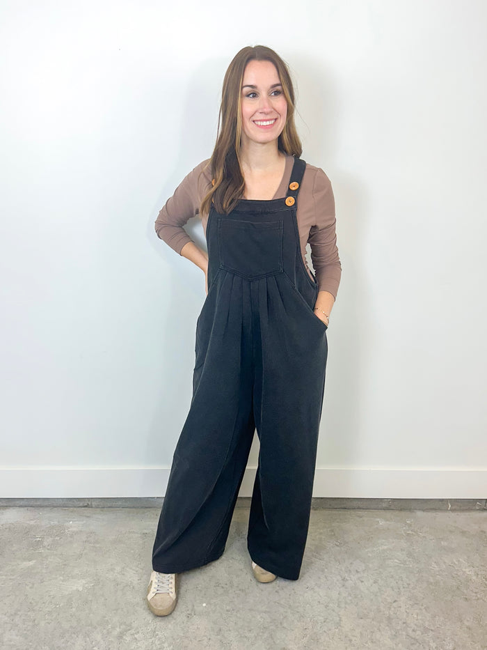 Black Pleated Button Strap Jumpsuit