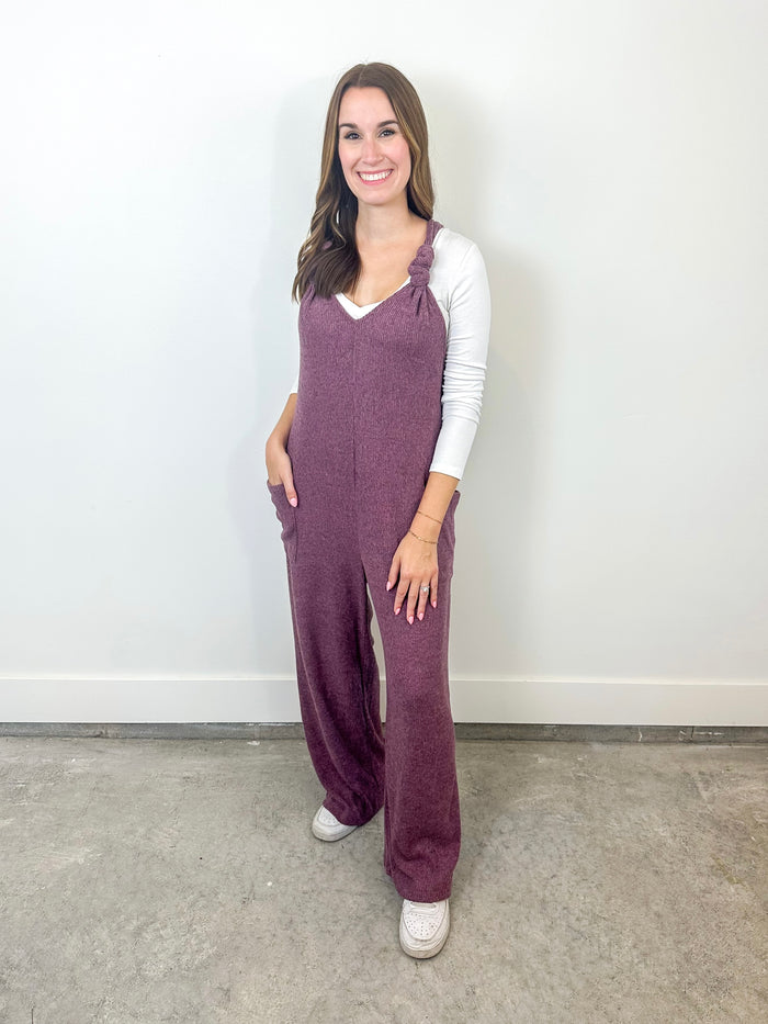 Plum Knit Tie Strap Jumpsuit