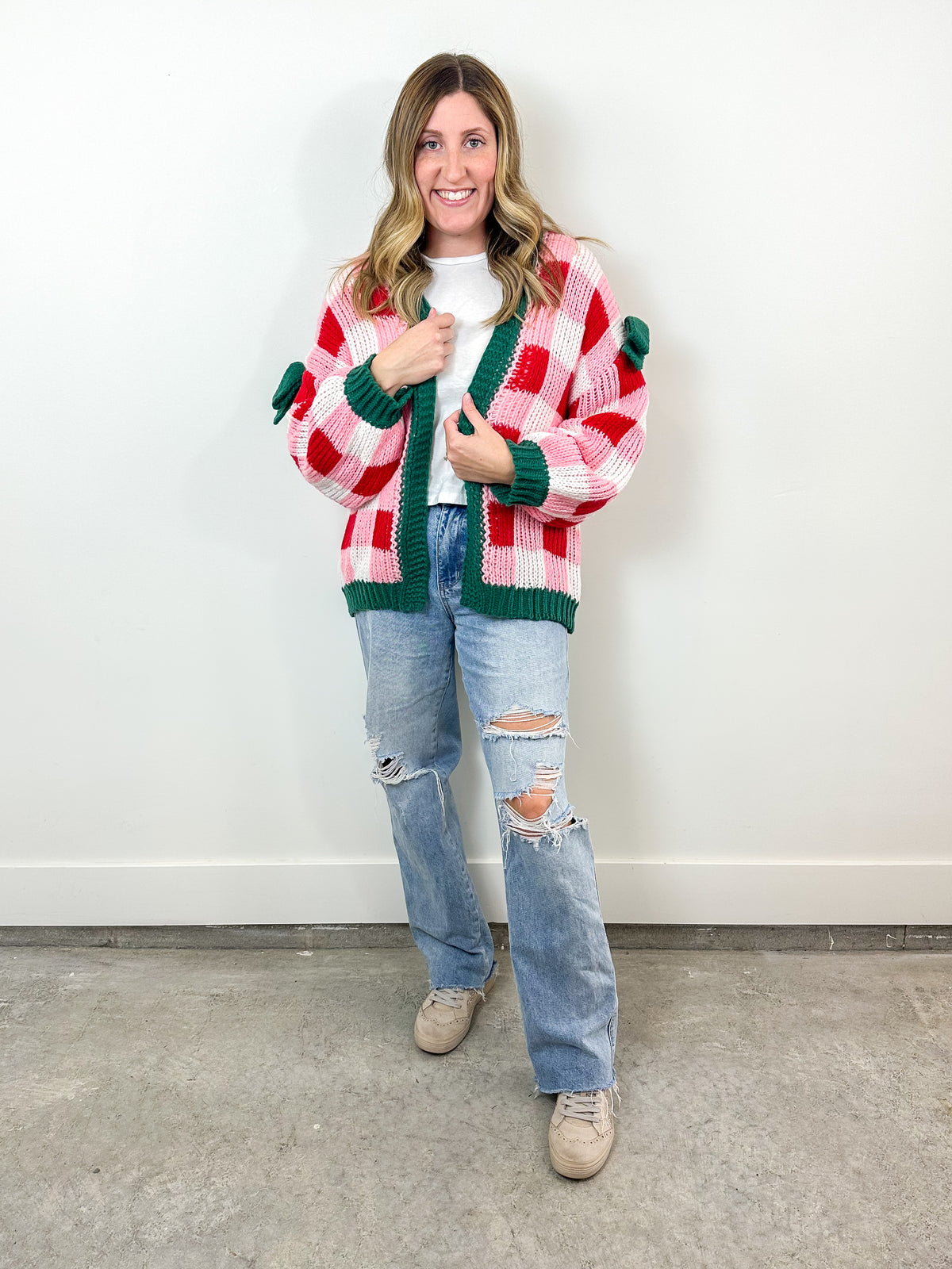 Holiday Checkerboard Bow Cardigan