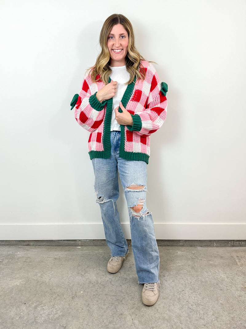 Holiday Checkerboard Bow Cardigan