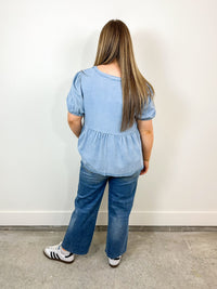 Denim Peplum Tie Front Top