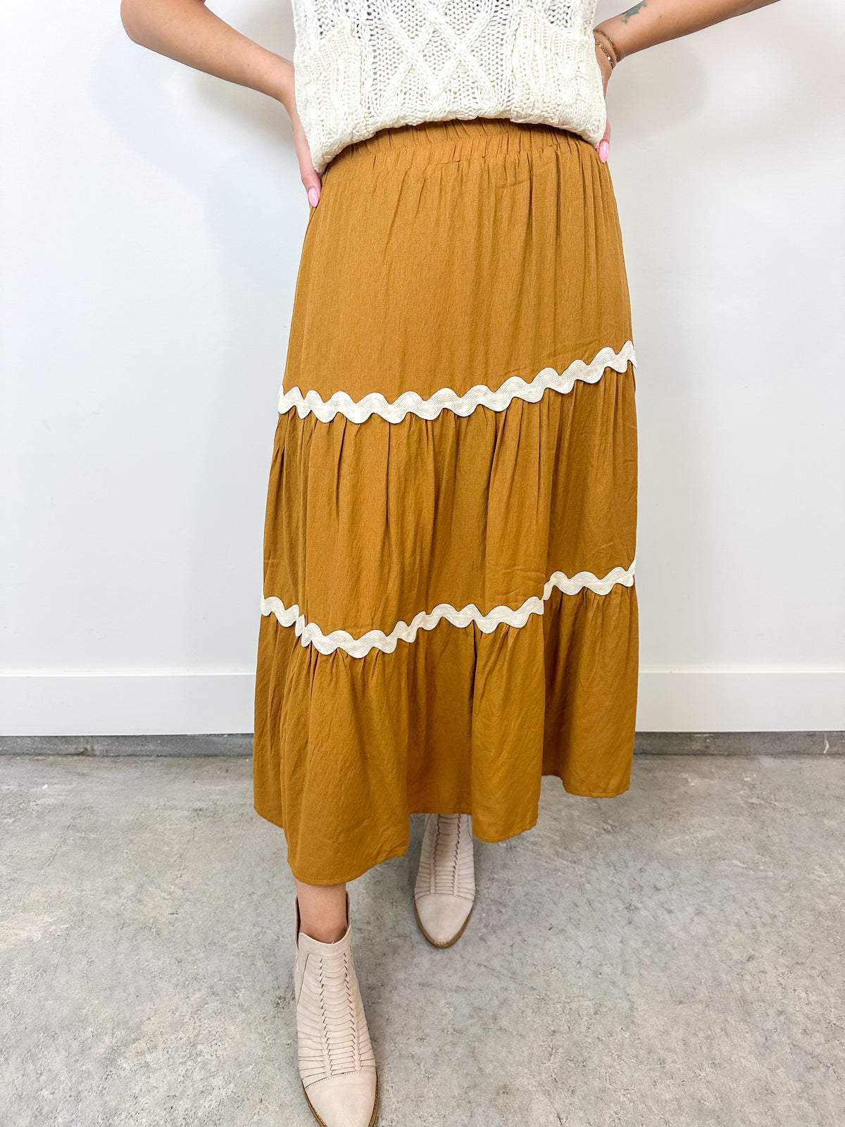 Mustard Tiered Midi Skirt