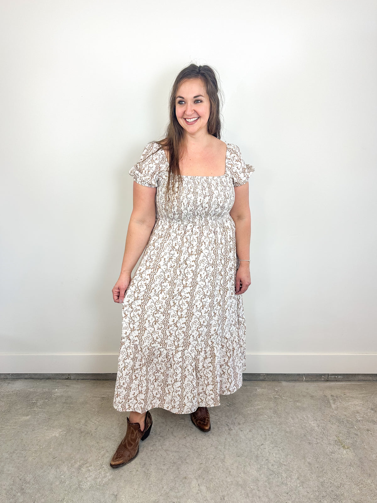 Taupe Floral Smocked Midi Dress