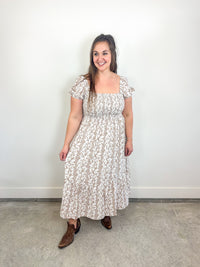 Taupe Floral Smocked Midi Dress