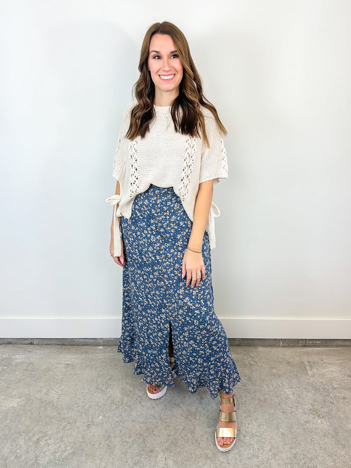 Blue Floral Button-Front Maxi Skirt