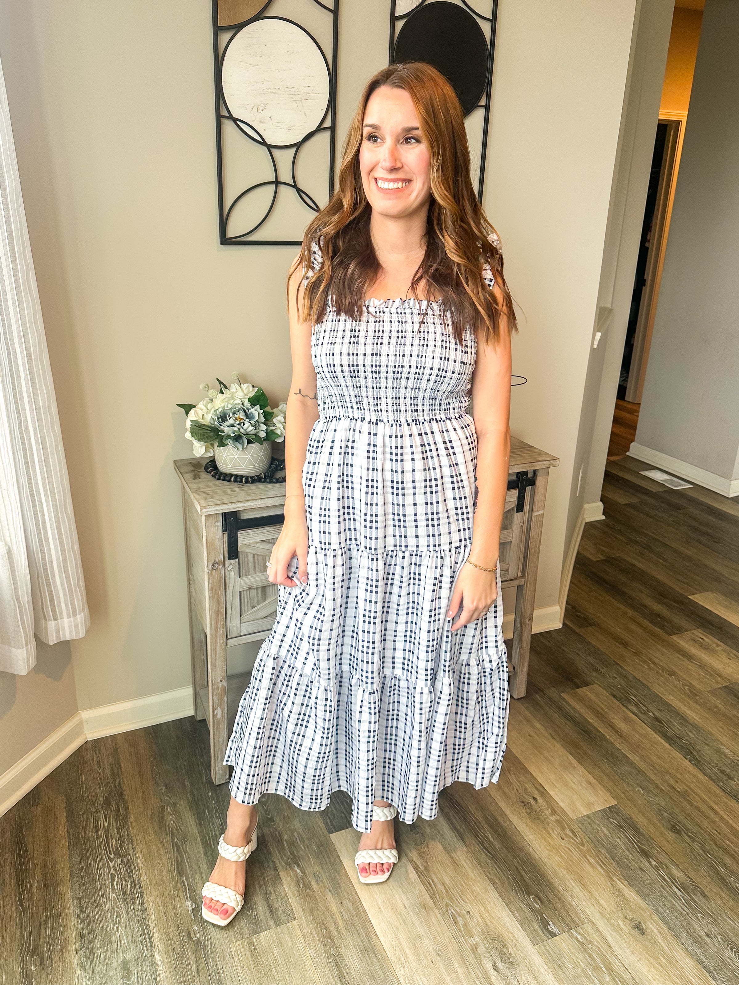 blue and white smocked midi dress Baltic Born Women's Dolores Smocked Midi Dress - Blue