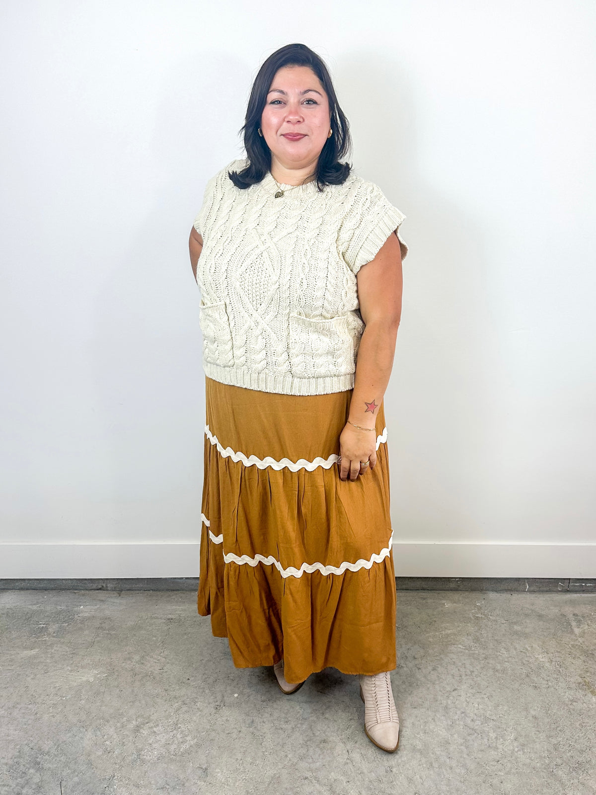 Mustard Tiered Midi Skirt
