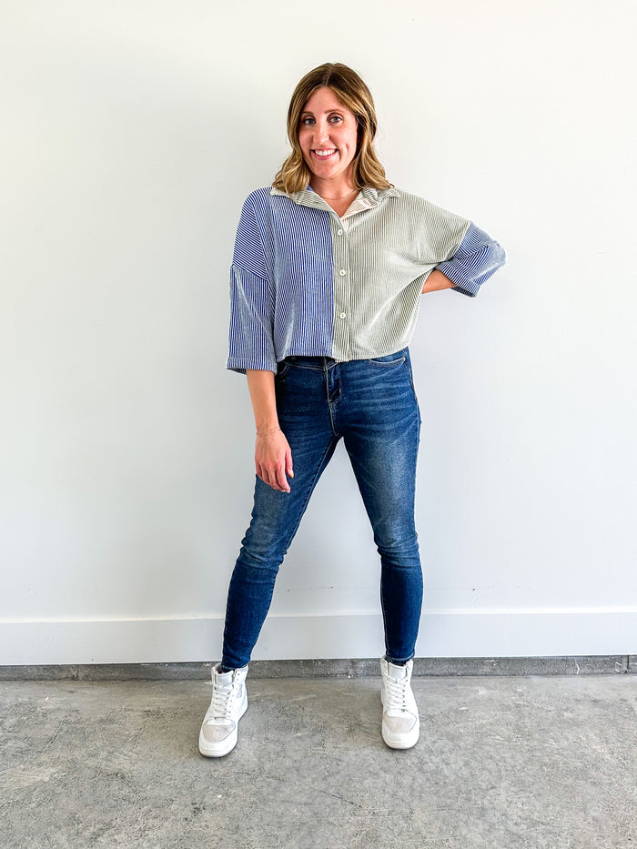 Two Tone Button Up Cropped Top