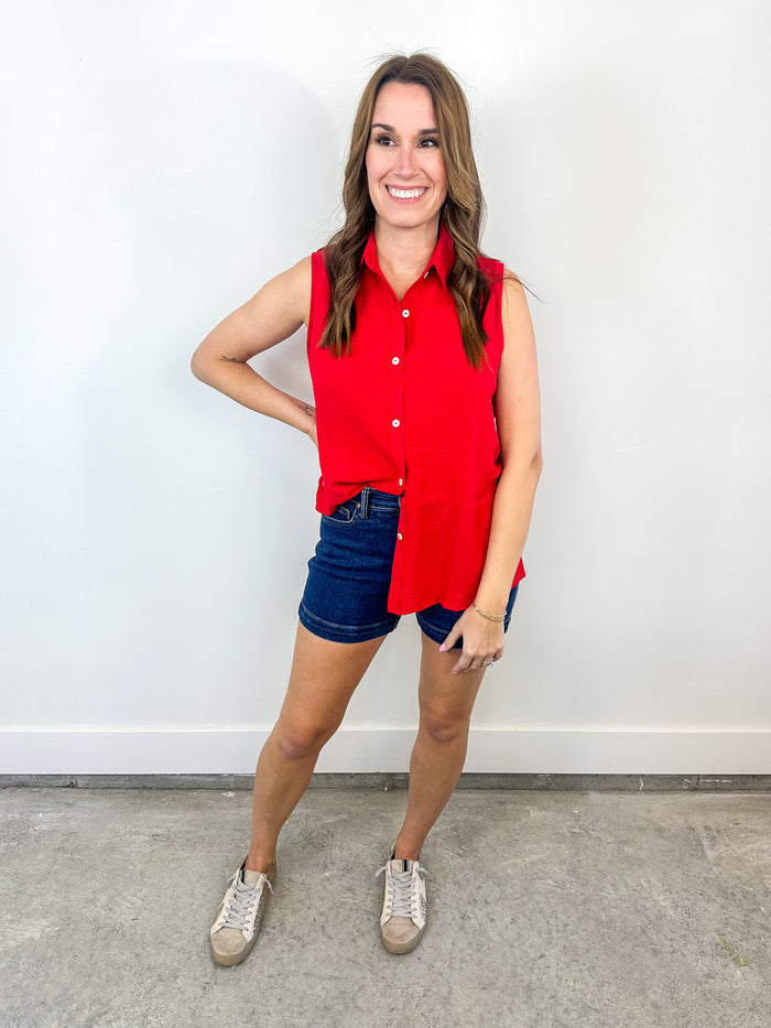 Red Sleeveless Button-Down Top
