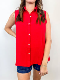 Red Sleeveless Button-Down Top