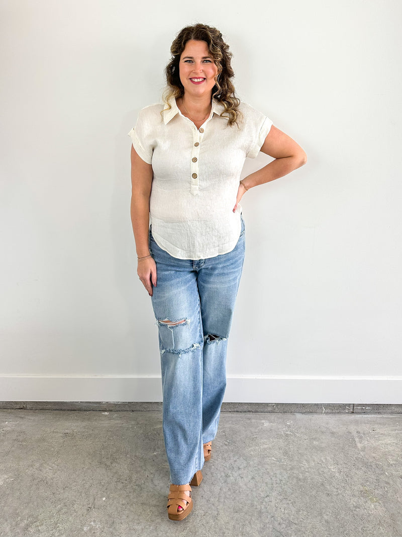 Natural Quarter Button Collared Tee
