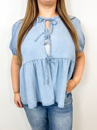 Denim Peplum Tie Front Top