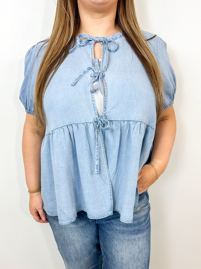 Denim Peplum Tie Front Top