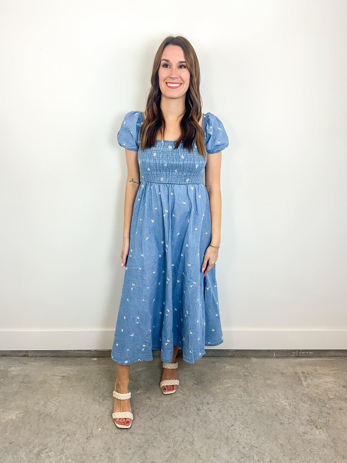 Blue Floral Smocked Midi Dress