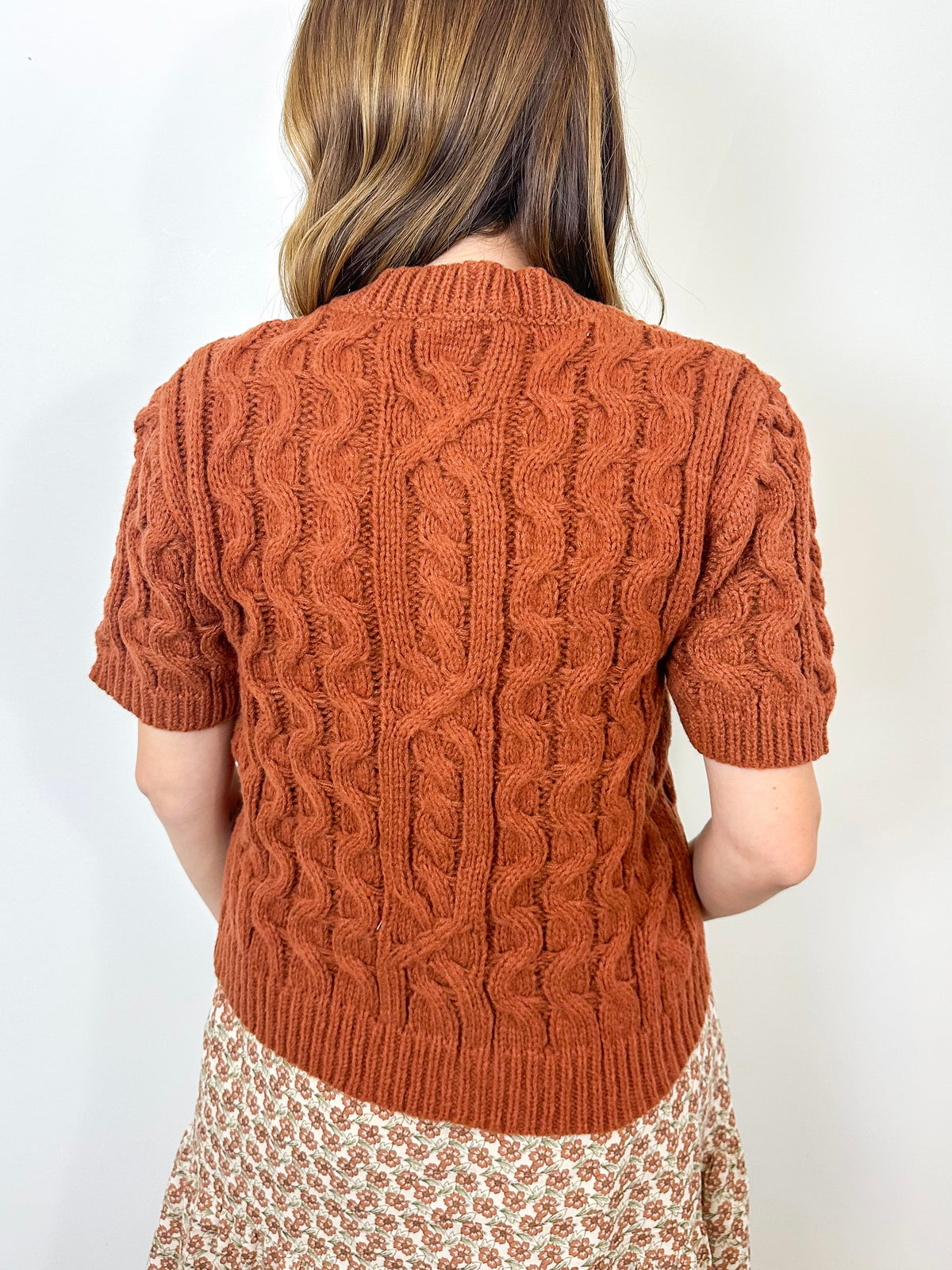 Rust Cable Knit Short Sleeve Cardigan