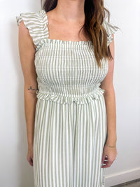 Sage Stripe Smocked Midi Dress