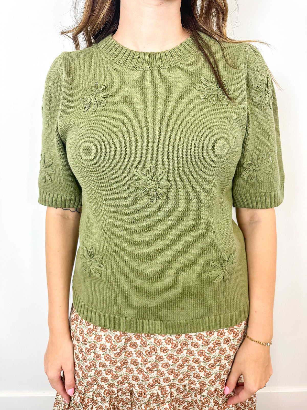 Olive Green Puff Sleeve Sweater with Floral Embroidery