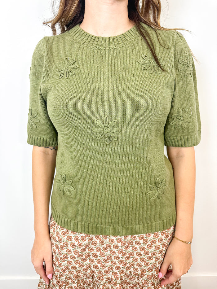 Olive Green Puff Sleeve Sweater with Floral Embroidery