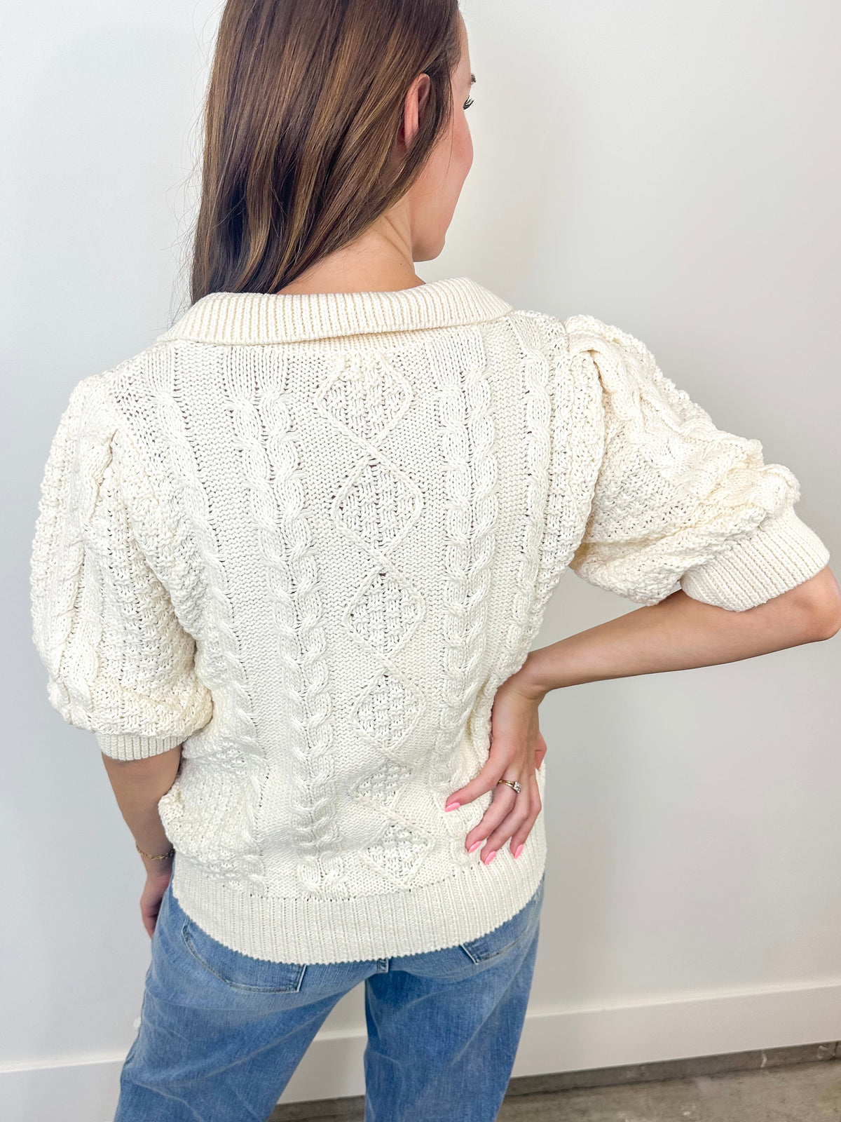 Cable Knit Puff Sleeve Sweater Top – Ivory
